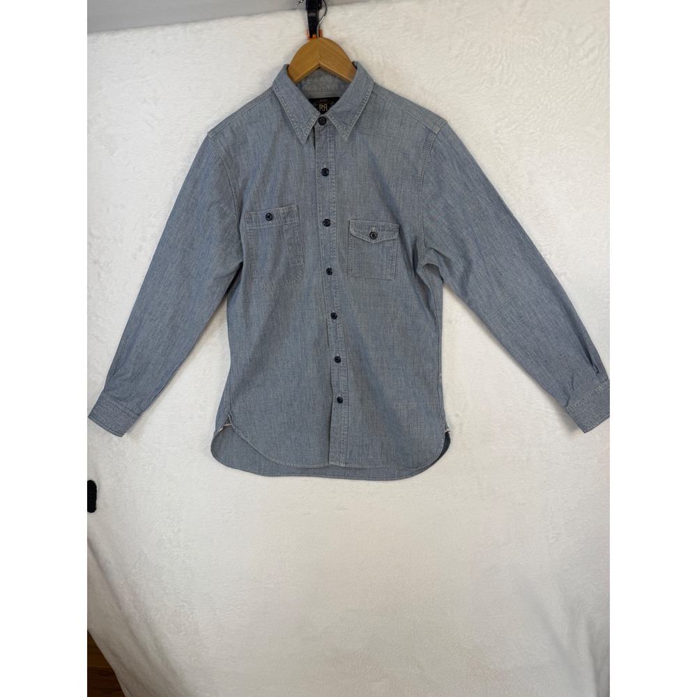 VTG Y2K RRL Ralph Lauren Mens Blue Cotton Chambray Selvedge Work Shirt S Lng Slv